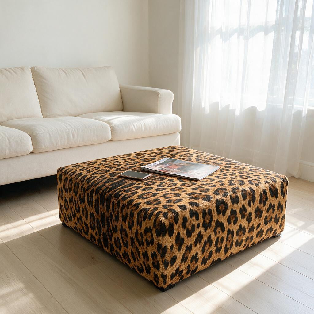 Puff Quadrado Savana Onça 80x80cm em Couro Legítimo com Serigrafia Animal Print