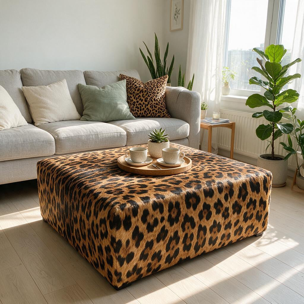 Puff Quadrado Savana Onça 80x80cm em Couro Legítimo com Serigrafia Animal Print
