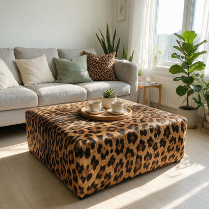 Puff Quadrado Savana Onça 80x80cm em Couro Legítimo com Serigrafia Animal Print