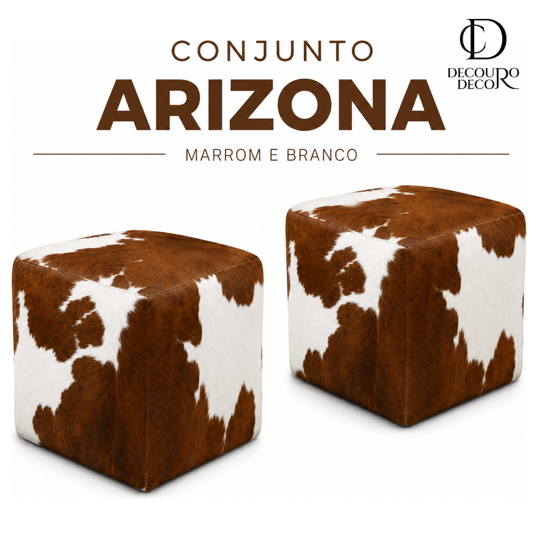 Puff Arizona Quadrado Marrom e Branco em Couro Legítimo