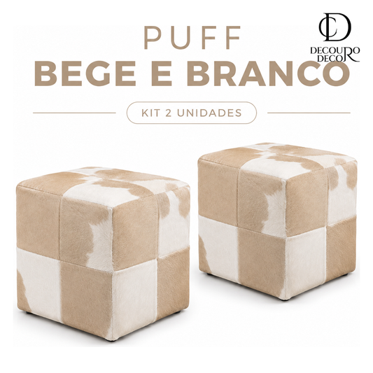 Puff Quadrado Bege e Branco em Couro Legítimo