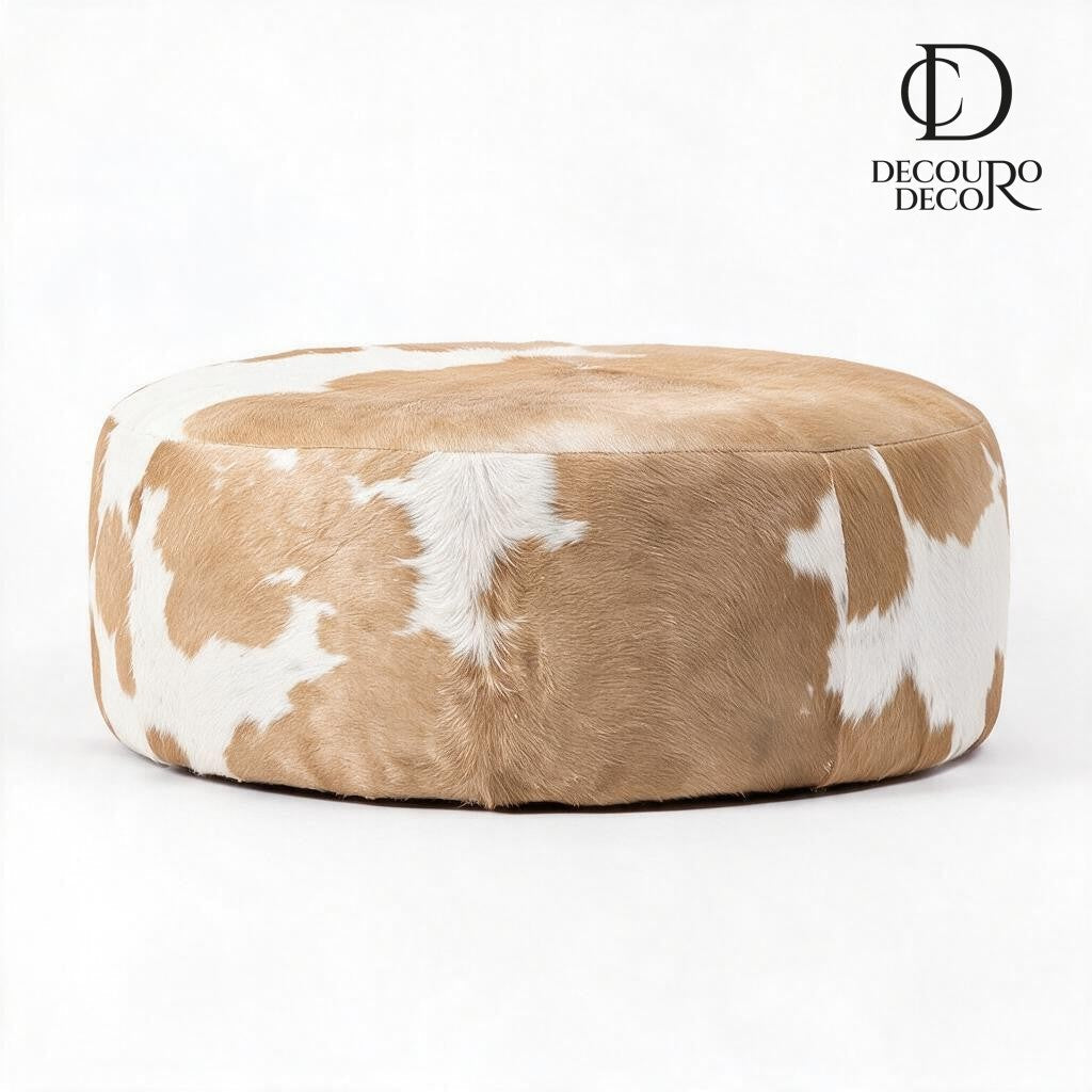 Puff redondo em couro bovino natural bege malhado 80x40 cm