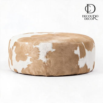 Puff Redondo em Couro Bovino Natural Bege Malhado 80x40 cm Tamanho Grande Linha Premium