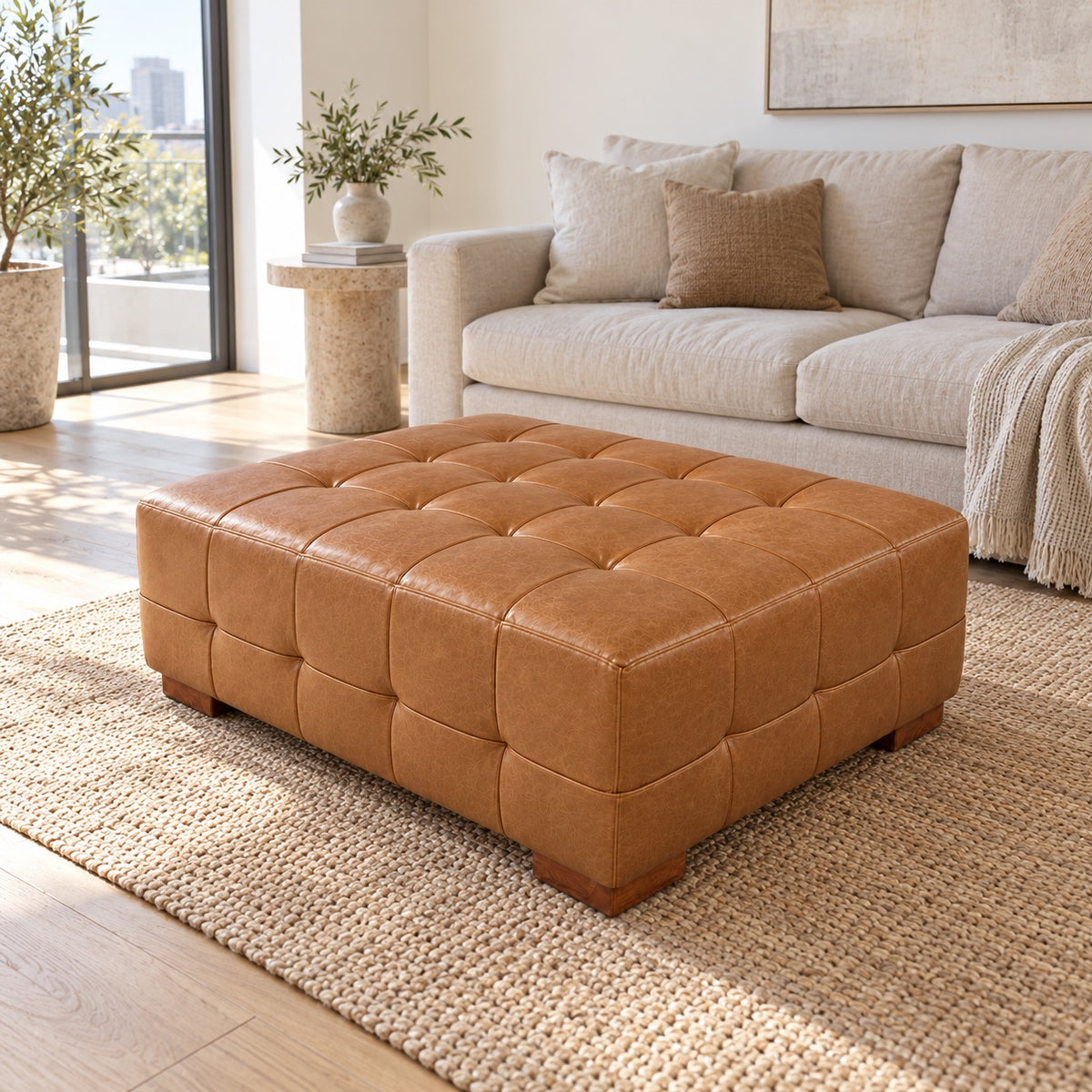 Puff Retangular Capitonet em Couro Caramelo com base em madeira em sala de estar elegante