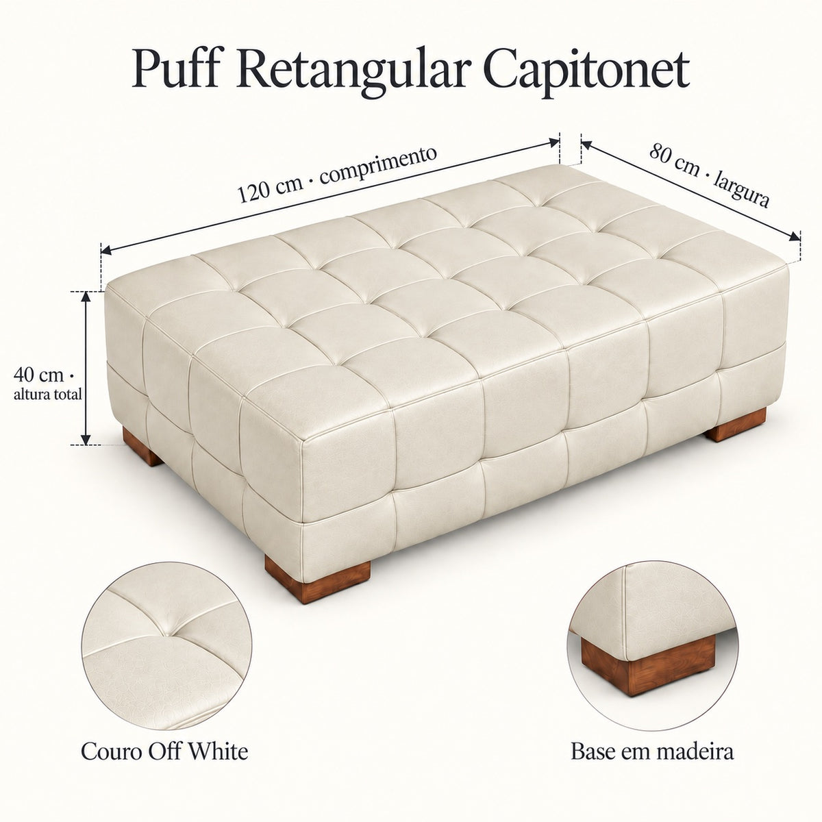 Medidas do Puff Capitonet Off White: 120 cm de comprimento, 80 cm de largura e 40 cm de altura total