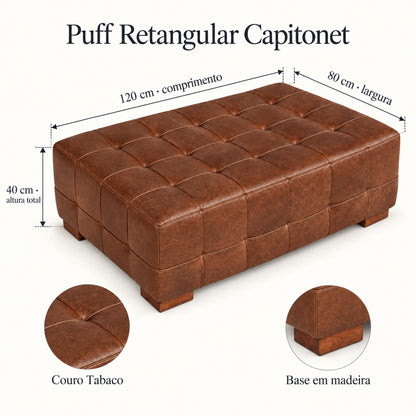 Medidas do Puff Capitonet Tabaco: 120 cm de comprimento, 80 cm de largura e 40 cm de altura total