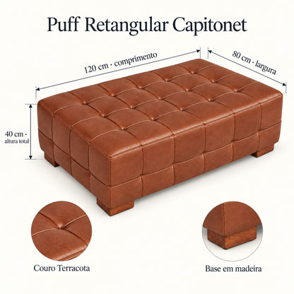 Medidas do Puff Capitonet Terracota: 120 cm de comprimento, 80 cm de largura e 40 cm de altura total