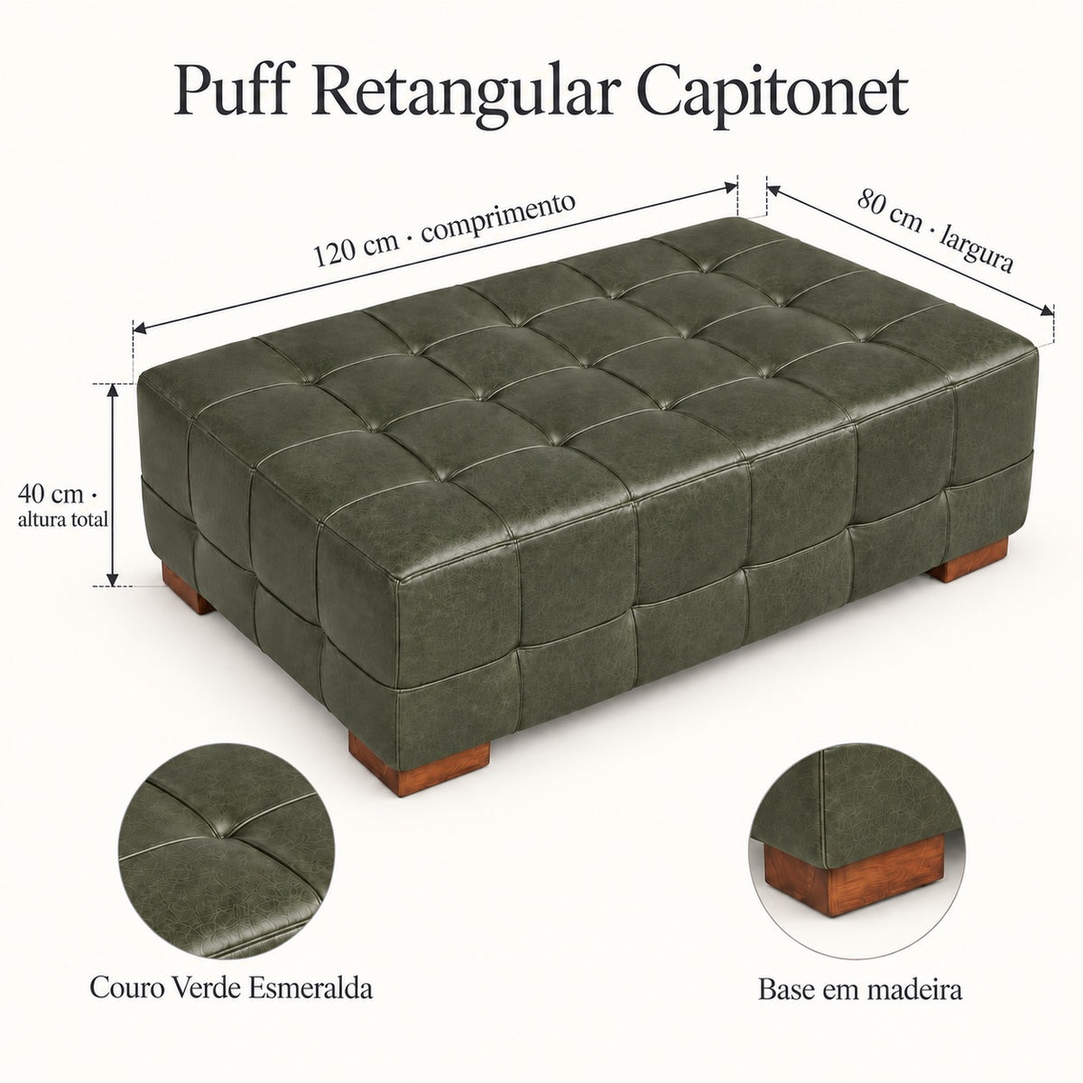 Medidas do Puff Capitonet Verde Esmeralda: 120 cm de comprimento, 80 cm de largura e 40 cm de altura total