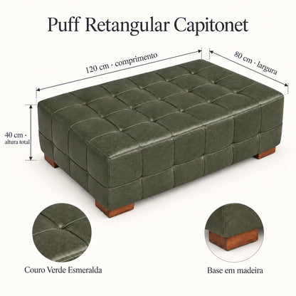 Medidas do Puff Capitonet Verde Esmeralda: 120 cm de comprimento, 80 cm de largura e 40 cm de altura total