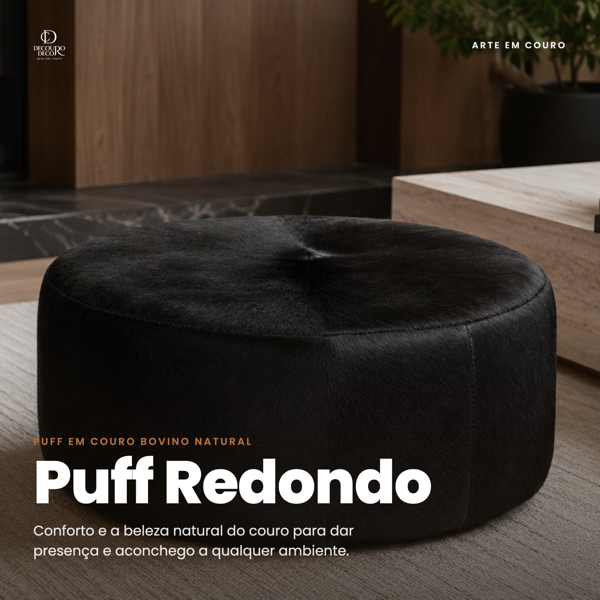 Detalhe da textura e costura do puff redondo preto em couro natural