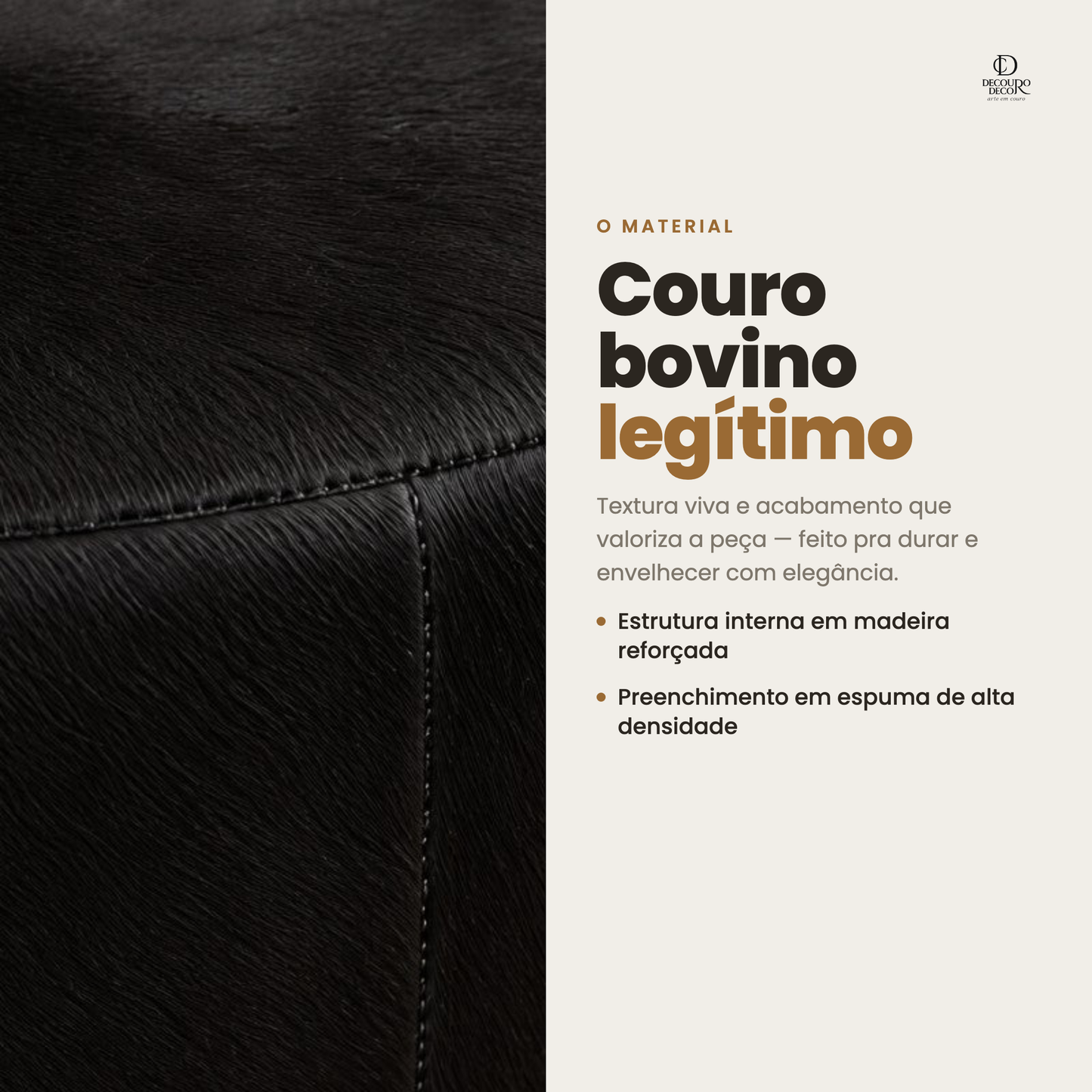 Puff Preto de Couro de Boi redondo mostrando o acabamento artesanal