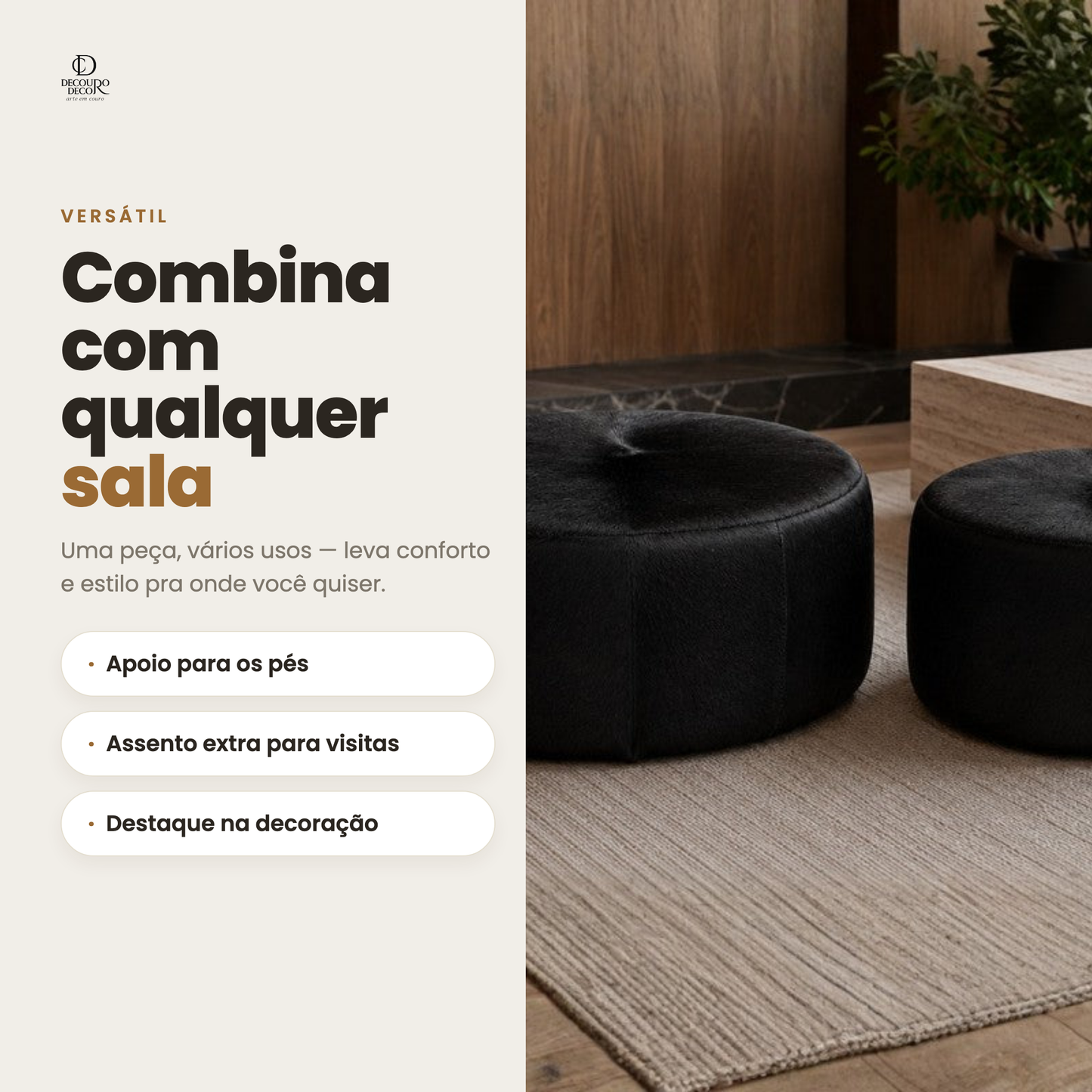 Puff Redondo de Couro Legítimo Preto em ambiente decorativo elegante