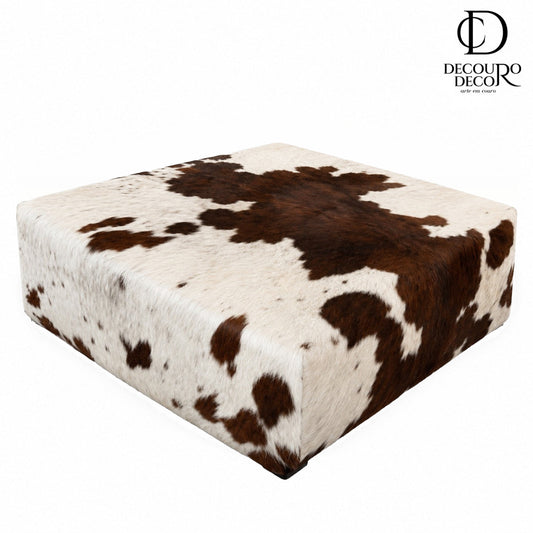 Puff Quadrado Marrom Escuro e Branco Malhado em Couro Legítimo - 80x80cm Tamanho Grande — fundo branco
