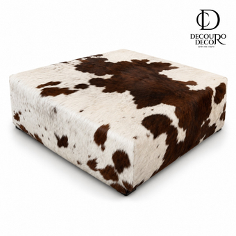 Puff Quadrado Marrom Escuro e Branco Malhado em Couro Legítimo - 80x80cm Tamanho Grande