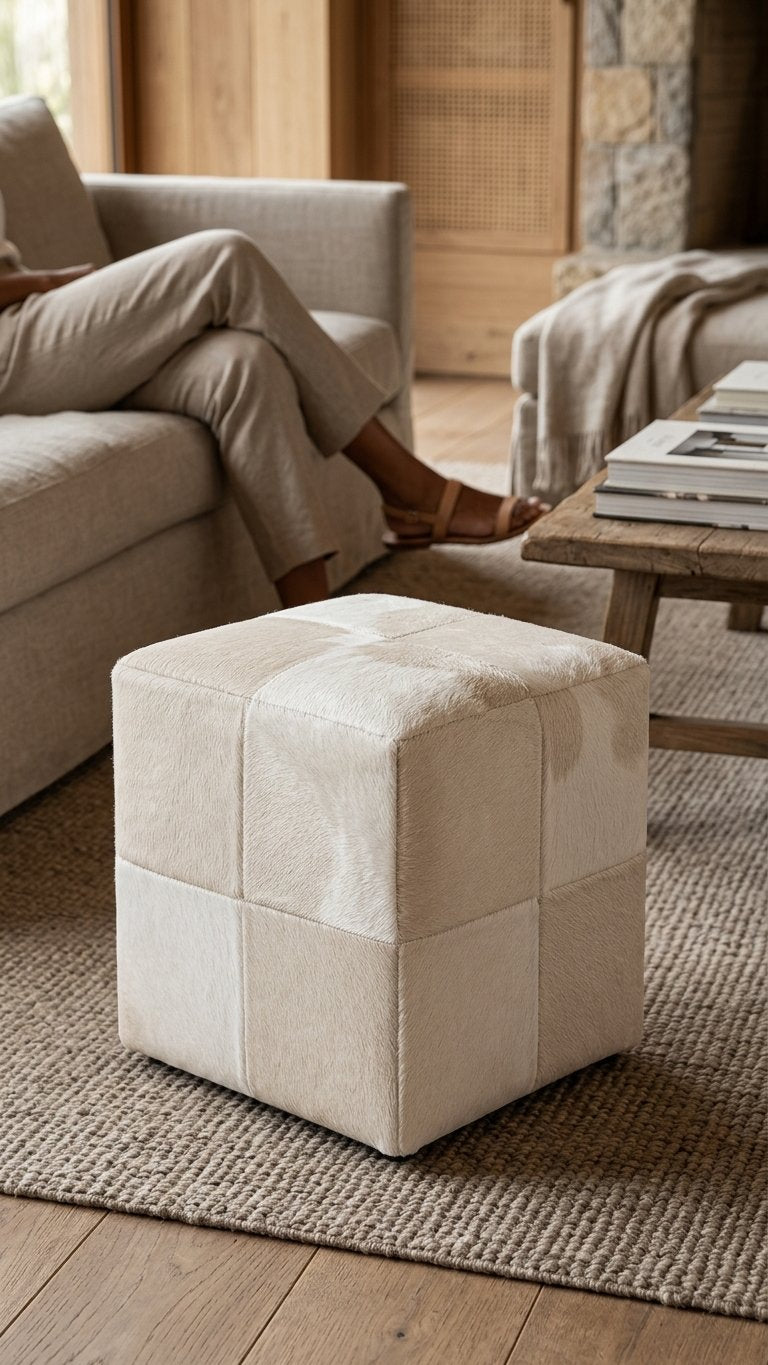 Puff Quadrado Off White em Couro Legítimo