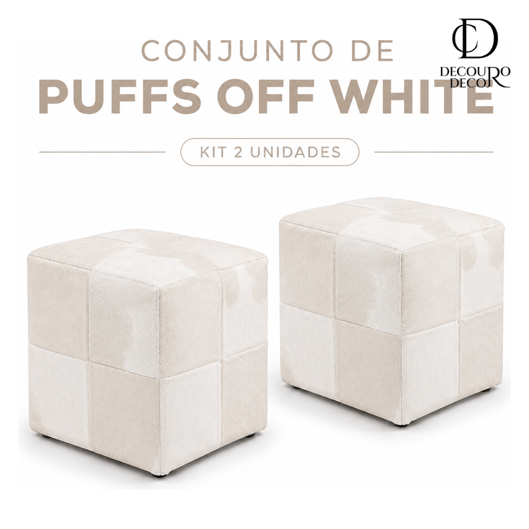 Puff Quadrado Off White em Couro Legítimo