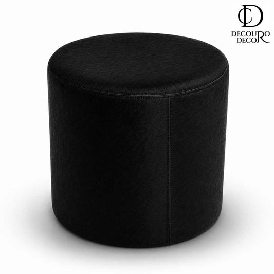 Puff Redondo Preto em Couro Bovino Natural — Tamanho Médio - DECOURO