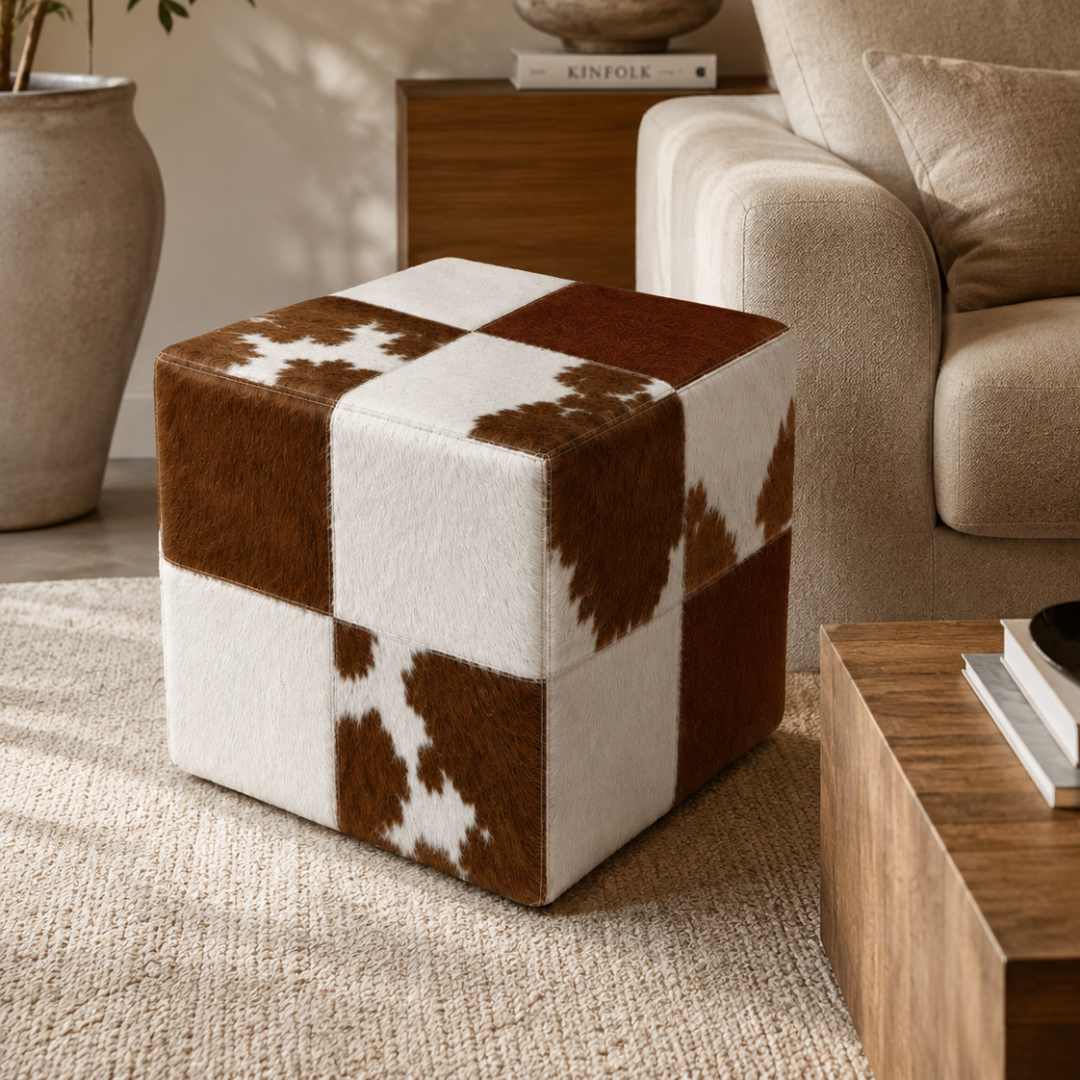 Puff patchwork marrom e branco em sala de estar - ambiente decorado DECOURO