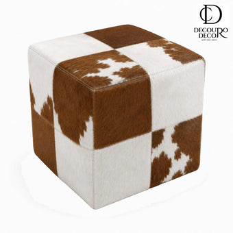 Puff Quadrado Patchwork em Pelo Natural Bovino — Marrom e Branco