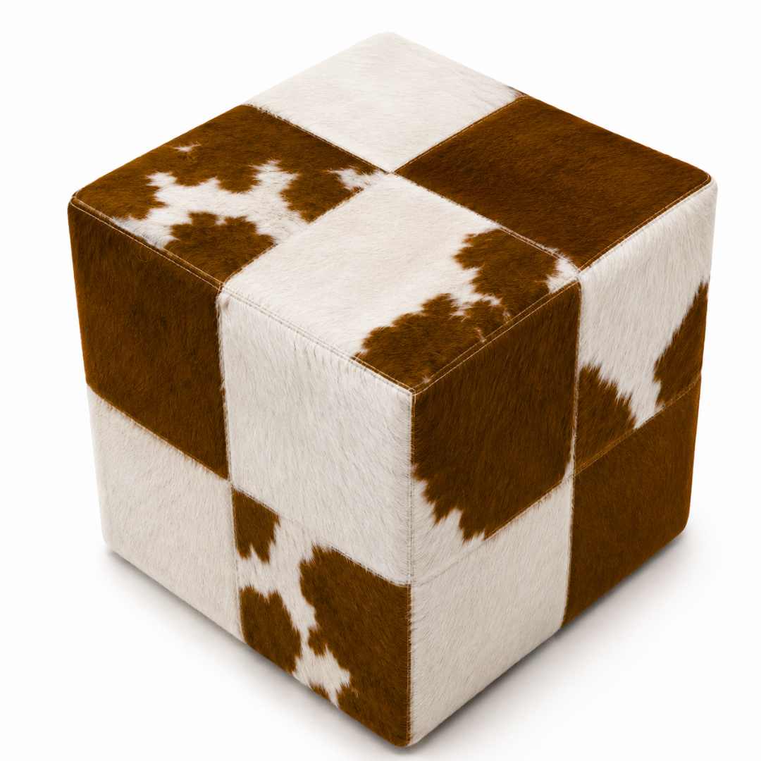 Puff patchwork marrom e branco vista superior - couro bovino natural