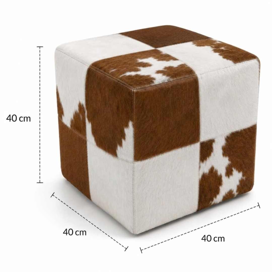 Puff quadrado patchwork marrom e branco — dimensões 40 × 40 × 40 cm — DECOURO