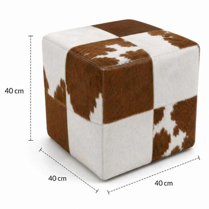 Puff quadrado patchwork marrom e branco — dimensões 40 × 40 × 40 cm — DECOURO