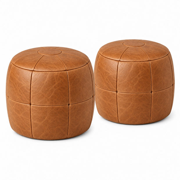 Puff Pipa Caramelo em Couro Natural Premium 40x40cm — versão 2 Puffs