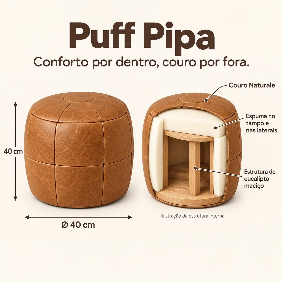 Ilustração técnica do Puff Pipa: 40 cm de diâmetro e altura, espuma no tampo e nas laterais e estrutura de eucalipto maciço sem percintas