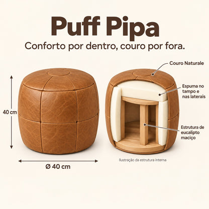 Ilustração técnica do Puff Pipa: 40 cm de diâmetro e altura, espuma no tampo e nas laterais e estrutura de eucalipto maciço sem percintas