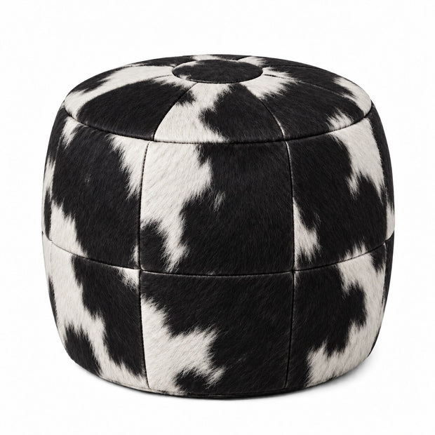 Puff Pipa Malhado Preto e Branco em Couro Bovino com Pelo 40x40cm — versão 1 Puff