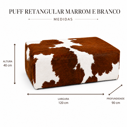 Medidas do Puff Retangular Marrom e Branco: 120 cm de largura, 90 cm de profundidade e 40 cm de altura