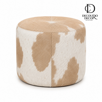 Puff Redondo em Couro Bovino Natural Bege e Branco 40x40 cm Tamanho Pequeno