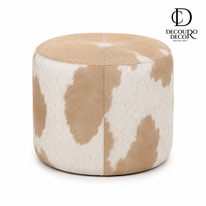 Puff Redondo em Couro Bovino Natural Bege e Branco 40x40 cm Tamanho Pequeno — fundo branco