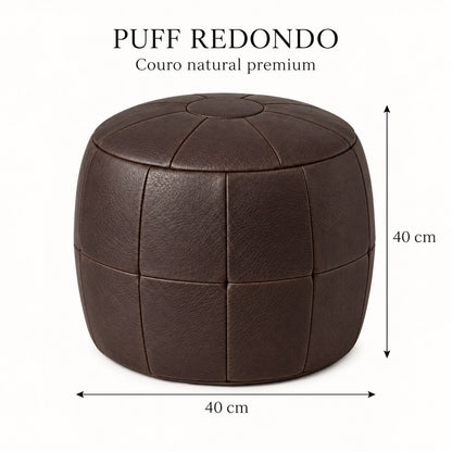 Puff Pipa Café em couro natural premium — Infográfico: 40 cm de diâmetro e 40 cm de altura