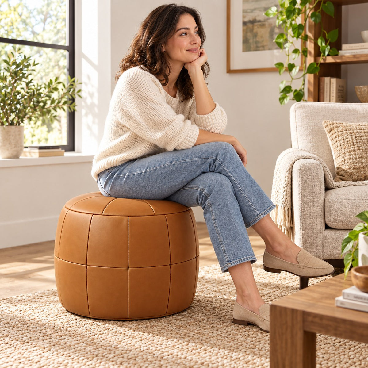 Puff Pipa Caramelo em couro natural premium — Pessoa usando o puff junto à poltrona
