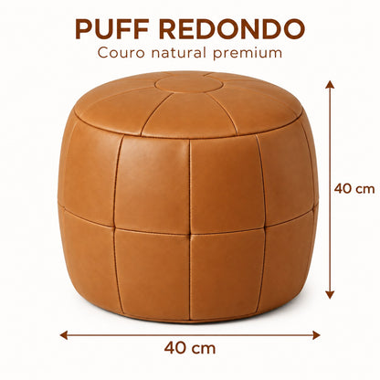 Puff Pipa Caramelo em couro natural premium — Infográfico: 40 cm de diâmetro e 40 cm de altura