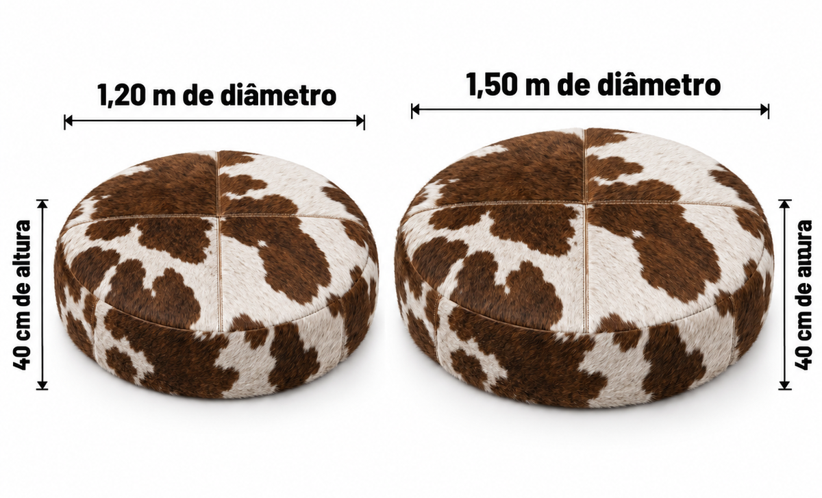 Comparativo do Puff Redondo Gigante Bovino Marrom e Branco: 1,20 m e 1,50 m de diâmetro, ambos com 40 cm de altura