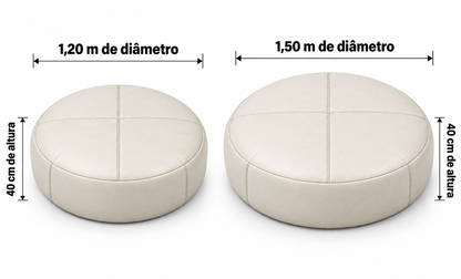 Comparativo do Puff Redondo Gigante Marfim: 1,20 m e 1,50 m de diâmetro, ambos com 40 cm de altura
