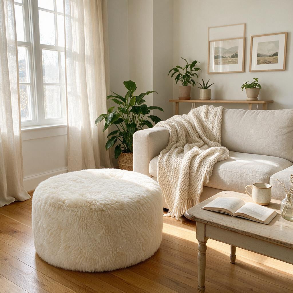 Puff Redondo Pele de Ovelha (Lã) Legítima em Tons Claros – Grande (80 × 40 cm) — foto real 3