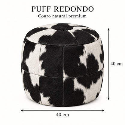 Puff Pipa Malhado Preto e Branco em couro natural premium — Infográfico: 40 cm de diâmetro e 40 cm de altura