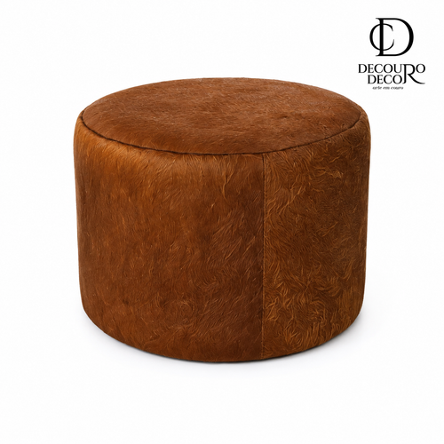 Puff Redondo Marrom 50x40 cm em couro bovino natural