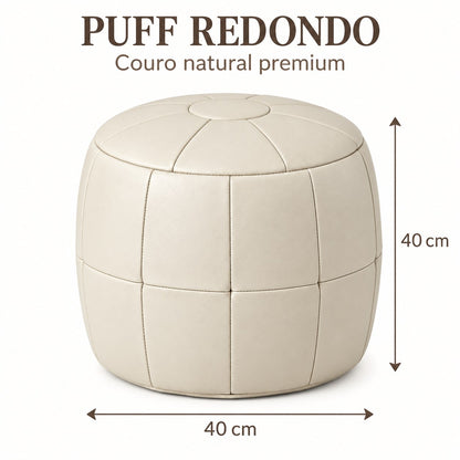 Puff Pipa Off White em couro natural premium — Infográfico: 40 cm de diâmetro e 40 cm de altura