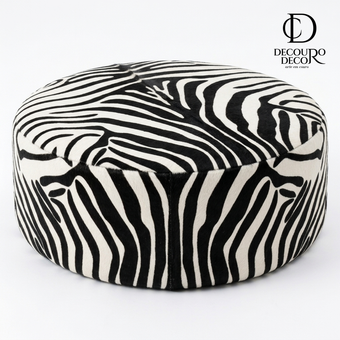 Puff Redondo em Couro Legítimo Serigrafia Zebra Tamanho Grande 80x40cm