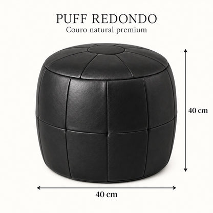 Puff Pipa Preto Grafite em couro natural premium — Infográfico: 40 cm de diâmetro e 40 cm de altura