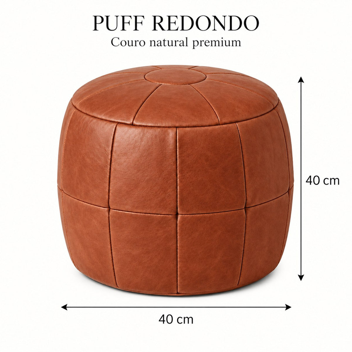 Puff Pipa Terracota em couro natural premium — Infográfico: 40 cm de diâmetro e 40 cm de altura