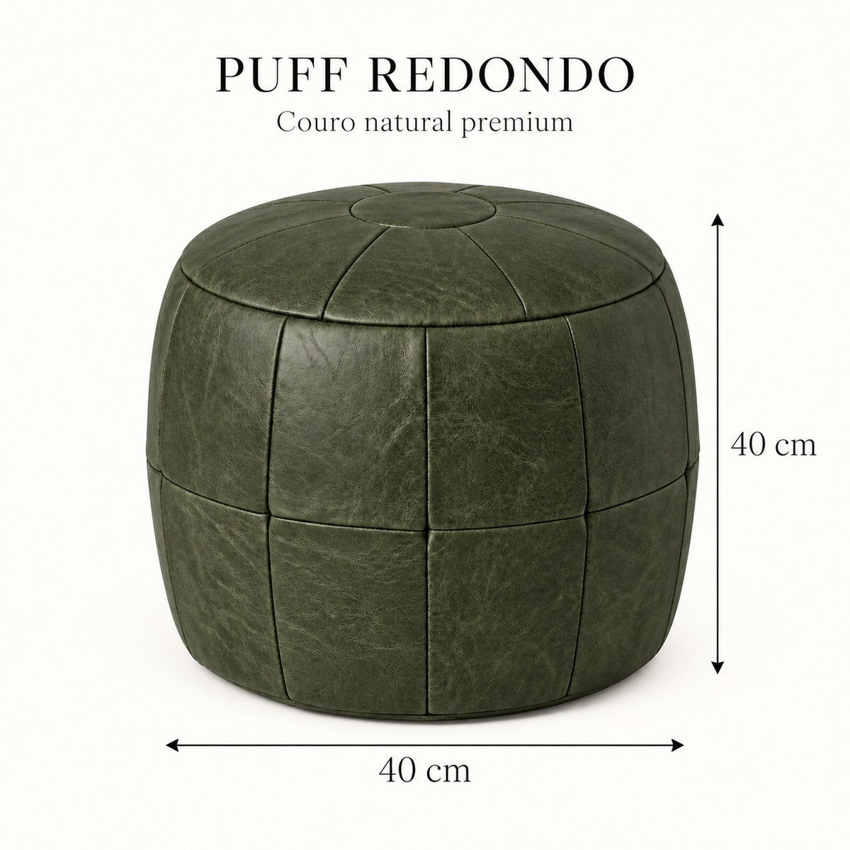 Puff Pipa Verde Esmeralda em couro natural premium — Infográfico: 40 cm de diâmetro e 40 cm de altura