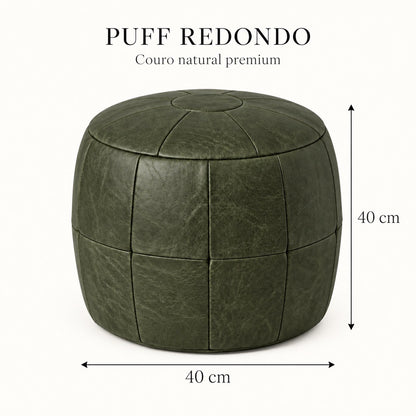 Puff Pipa Verde Esmeralda em couro natural premium — Infográfico: 40 cm de diâmetro e 40 cm de altura