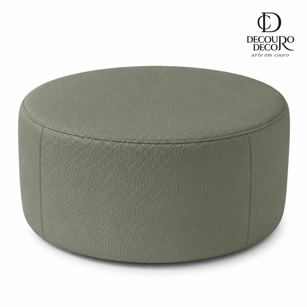 Puff redondo de couro verde militar premium DECOURO 80x40 cm