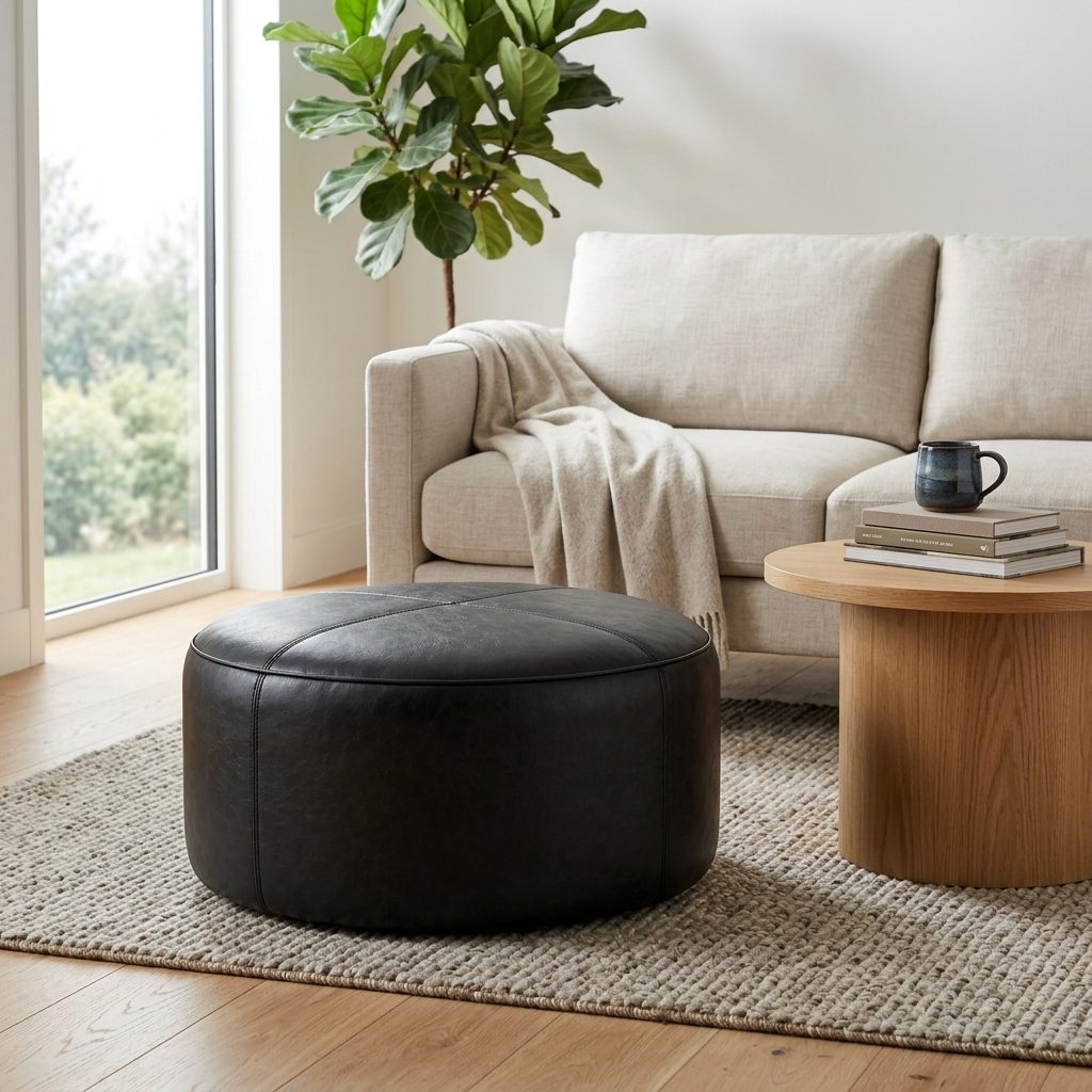 Puff Redondo em Couro Premium Liso Waxy Preto em ambiente decorado