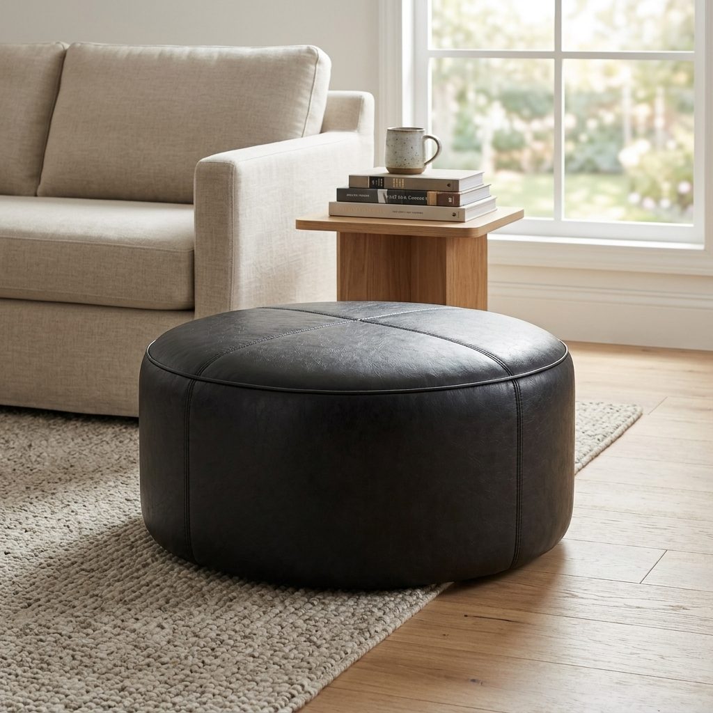 Puff Redondo em Couro Premium Liso Waxy Preto em ambiente decorado